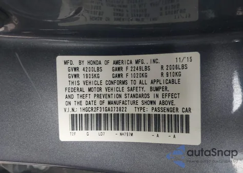 2016 Honda Accord Lx from USA, damaged, VIN 1HGCR2F31GA073822